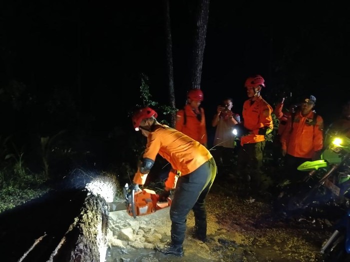 Petugas Bpbd Cilacap Memotong Pohon Tumbang Yang Menutup Jalan Menuju Lokasi Longsor Di Desa Cijati Kecamatan Cimanggu Kabupat 1 43