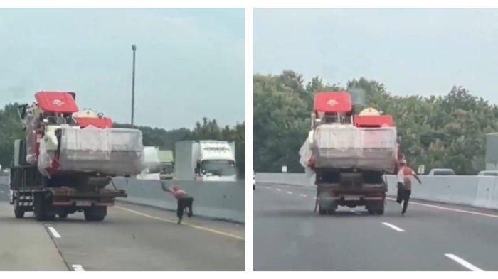 Lupa Tak Direm Tangan, Sebuah Truk Nyelonong Sendiri Di Tol