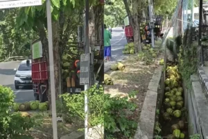 Sebuah Truk Muat Tabung Gas Melon Hantam Tiang Listrik di Gunungpati Semarang