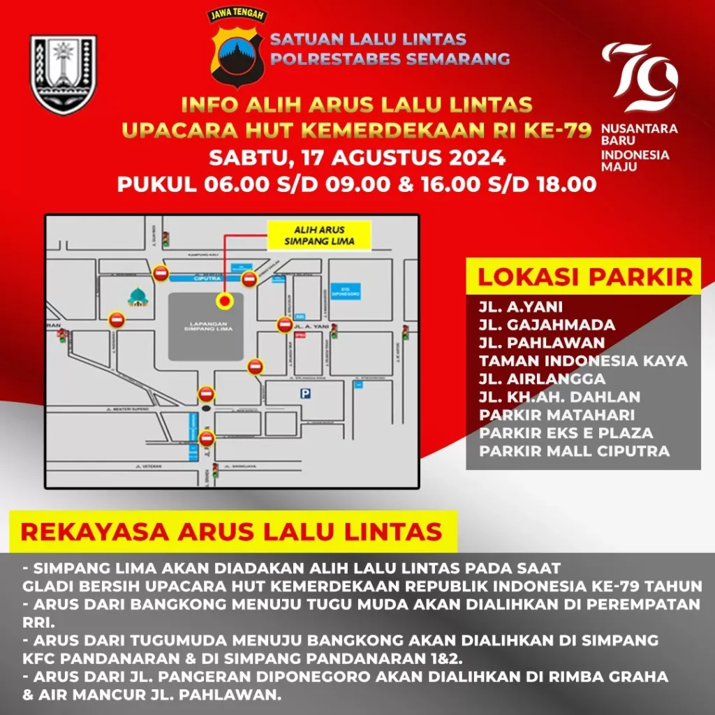 Upacara HUT Kemerdekaan ke-79 RI, Lalu Lintas di Simpanglima Semarang Dialihkan