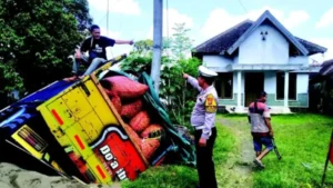 Truk Cabai Tergelincir ke Parit Akibat Hindari Pemotor di Simpang Tiga SPBU Krikilan Glenmore