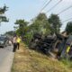 Sopir hilang kendali, truk bermuatan susu terguling di pulorejo